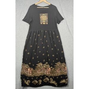 VTG Molly Malloy Dress Womens Large Black Safari Animal Giraffe Elephant Maxi
